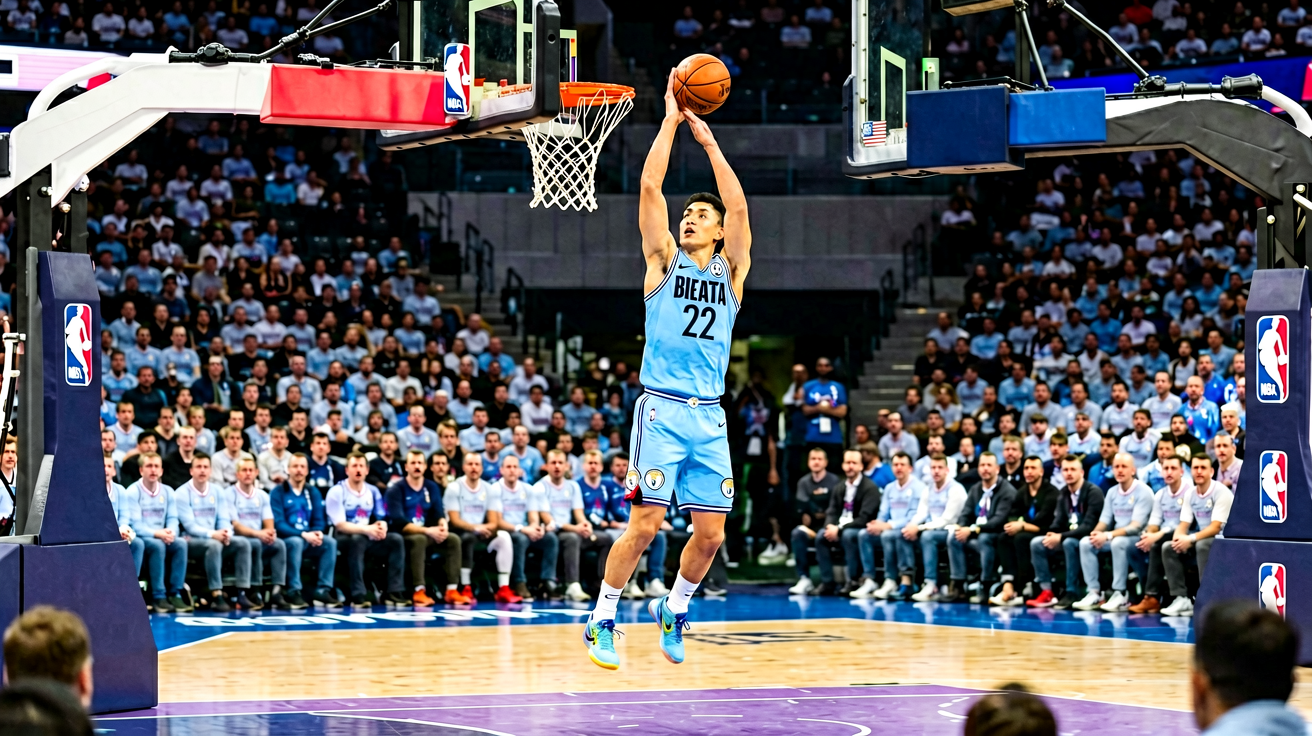NBA常规赛精彩瞬间，球员在篮球场上完成精彩扣篮